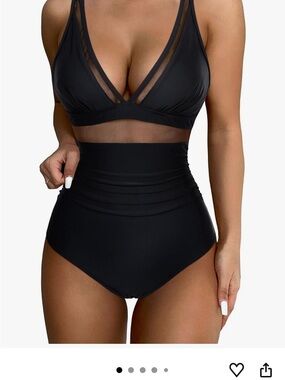 Black Mesh-Trim High-Waist One-Piece Swimsuit